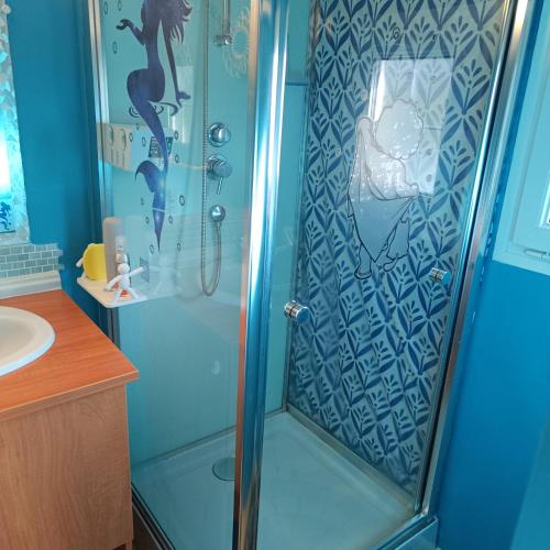 La salle de bains est pourvue d'une douche aux murs bleus. dans l'établissement la cabanne du pecheur, à Saint-Pierre-dʼOléron