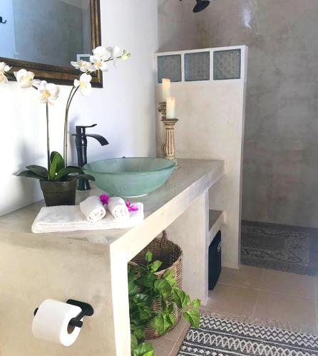 a bathroom with a bowl sink on a counter at Casa Botanica in Lo de Marcos