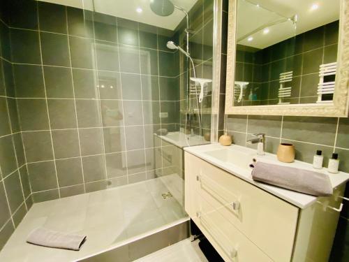 une salle de bain avec une douche, un lavabo et un miroir dans l'établissement Esprit Nomad - Appartement rue piétonne proche lac, à Annecy
