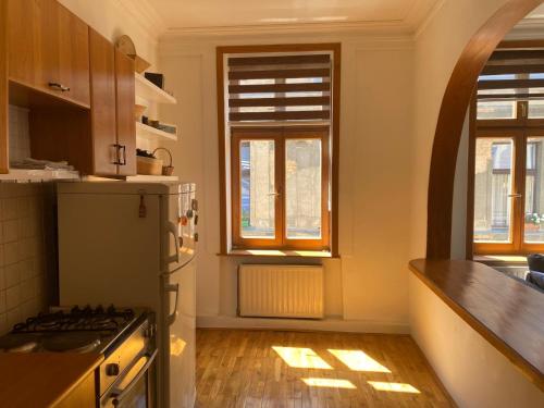a kitchen with a refrigerator and a stove top oven at Rio Apartment Old Town Sarajevo in Sarajevo