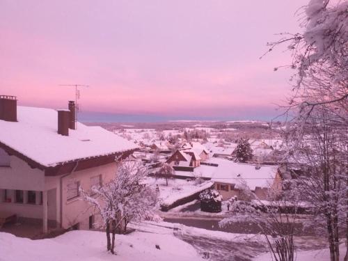 a town covered in snow with houses and trees at Gîte Le p'tit Chasseral in Maîche