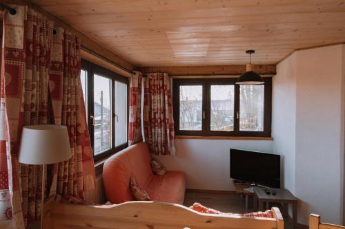 a living room with a couch and a television at Gîte Le p'tit Chasseral in Maîche