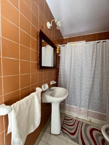 a bathroom with a sink and a toilet and a shower at Casa en alquiler temporario in Ramallo