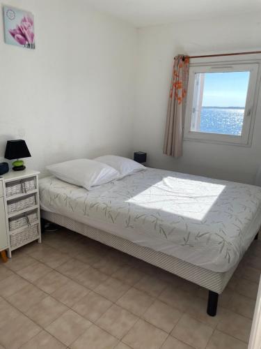 un lit dans une chambre avec une fenêtre dans l'établissement APPARTEMENT COSY FRED FLAMANTS ROSES, à Balaruc-les-Bains
