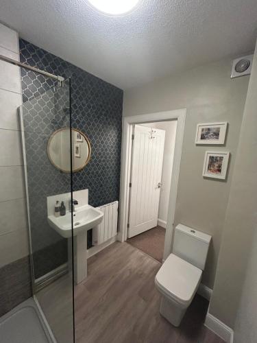 a bathroom with a toilet and a sink and a shower at Alba Apartment Central Pitlochry in Pitlochry