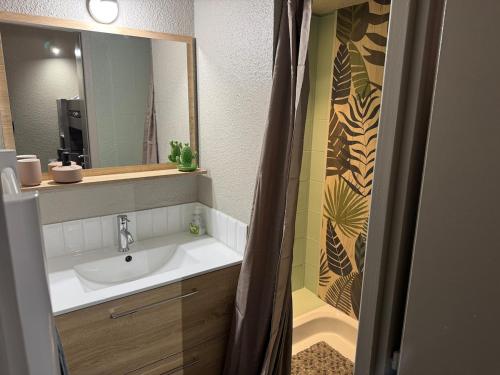 une salle de bain avec un lavabo et un miroir dans l'établissement ღ L'Oasis - Piscine, Parking & Wifi, à La Rochelle