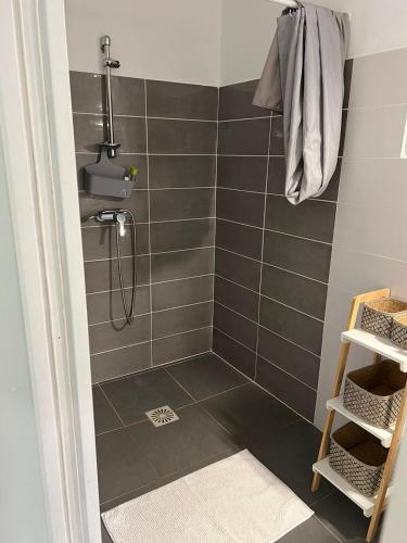 a bathroom with a shower with gray tiles at Bungalow 2 personnes Petit Bourg " La Bergetterie" in Petit-Bourg