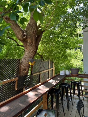 a table and chairs on a deck next to a tree at Auberge Saintlo Montréal Hostel in Montréal