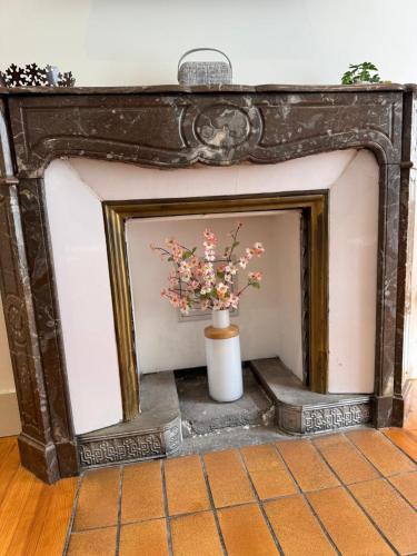 Elle comprend une cheminée avec un vase de fleurs. dans l'établissement Le Vivaldi 33 m - parking, à Aix-les-Bains