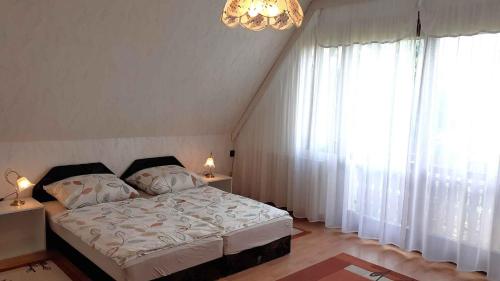 Un dormitorio con una cama y una lámpara de araña. en Apartments in Gyenesdias - Balaton 18858, en Gyenesdiás