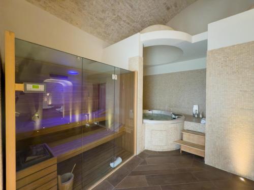 a bathroom with a glass shower and a tub at Relais Il Santissimo in Turi