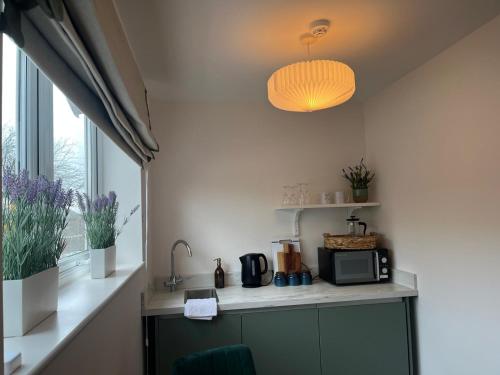 a kitchen with a counter with a microwave and a window at The Briarcroft in Goole