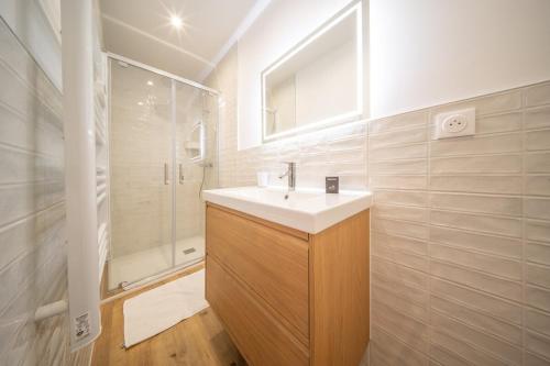 une salle de bain avec un lavabo blanc et une douche dans l'établissement Super Appartement Near Basel 6, à Saint-Louis