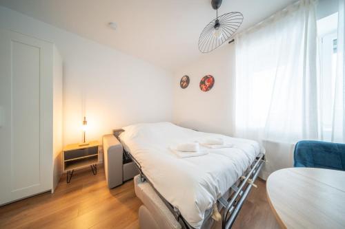 Ce lit se trouve dans un dortoir doté d'une table et d'une fenêtre. dans l'établissement Super Appartement Near Basel 6, à Saint-Louis