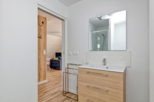une salle de bain avec un lavabo et un miroir dans l'établissement Bel appartement - 2min plage, à La Turballe