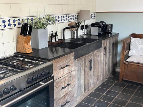 a kitchen with a sink and a stove at Auszeit auf dem Land im Forsthaus Hohe Heide in Heiligengrabe