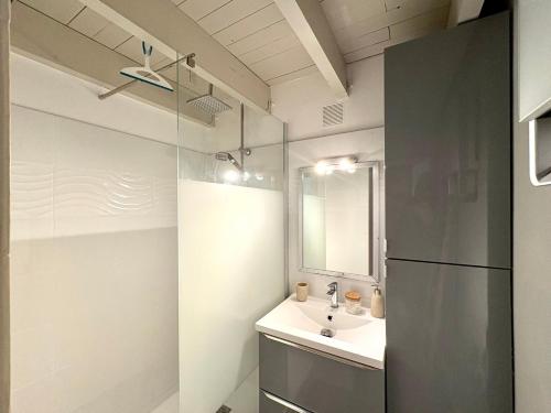 une salle de bain avec un lavabo et un réfrigérateur dans l'établissement Duplex proche des Arènes, à Nîmes