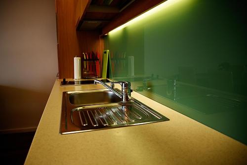 a kitchen counter with a sink and a green wall at Modern Apartment with Lake View in Balatonlelle