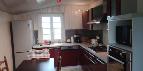 a kitchen with a refrigerator and a sink and a stove at Ferme Ithurburia in Saint-Michel