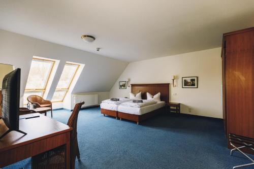 a bedroom with a bed and a desk and a tv at Seehotel Heidehof in Klein Nemerow