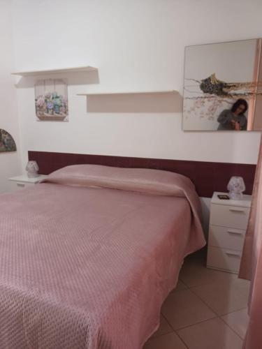 a bedroom with a bed with a pink blanket at Appartamenti Le Brocche di Biancospino in LʼAmericano