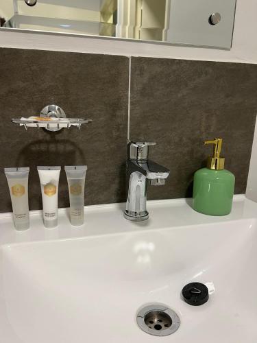 a sink with glasses and a toy plane on it at Sarona LoLa A103 Kappa in Gaborone