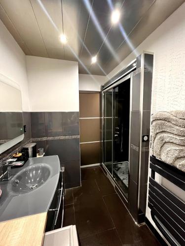 une salle de bain avec un lavabo et une douche dans l'établissement Appartement 6p proche plage, climatisé, parking gratuit, à La Seyne-sur-Mer