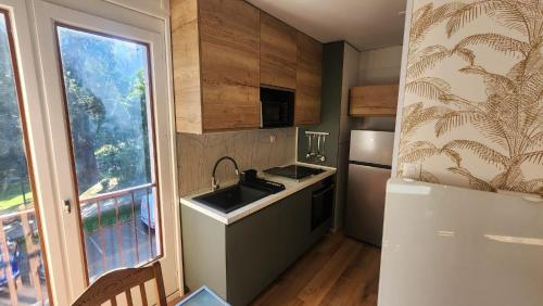 une petite cuisine avec un évier et un réfrigérateur dans l'établissement Résidence-Sylvie-Luchon, à Luchon