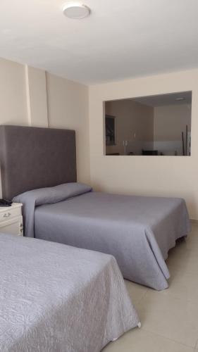 a bedroom with two beds and a mirror at Lofts & Suites in Rosario