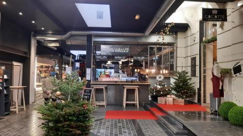 un magasin avec un arbre de Noël au milieu dans l'établissement F2 Cozy near City Center and Train Station, à Perpignan