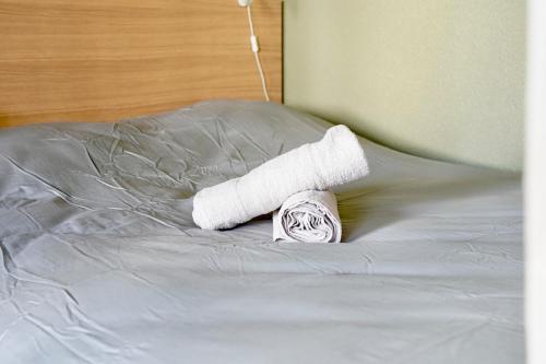 - une serviette enroulée au-dessus d'un lit dans l'établissement Cosy Lafayette, à Lyon