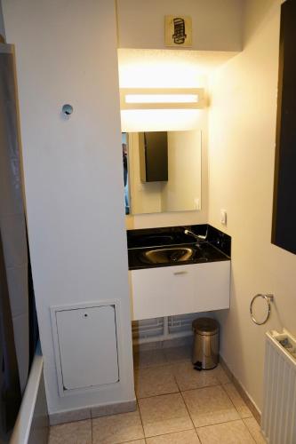 - une petite cuisine avec un évier et un miroir dans l'établissement Cosy Lafayette, à Lyon