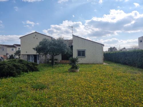 una casa blanca en un campo de flores amarillas en Maison d'architecte style provençale, en Montfrin