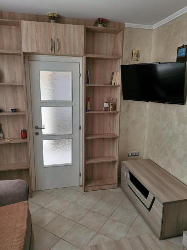 a living room with a flat screen tv and a door at Apartman Danilo i Filip in Risan
