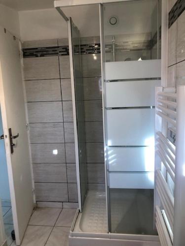 La salle de bains est pourvue d'une douche à l'italienne et d'une porte en verre. dans l'établissement Chez Emma, à Beauchamp