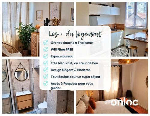 un collage de photos d'une chambre avec un lit et une salle de bains dans l'établissement Le 42, très bel appartement - Hyper centre - Calme, à Pau