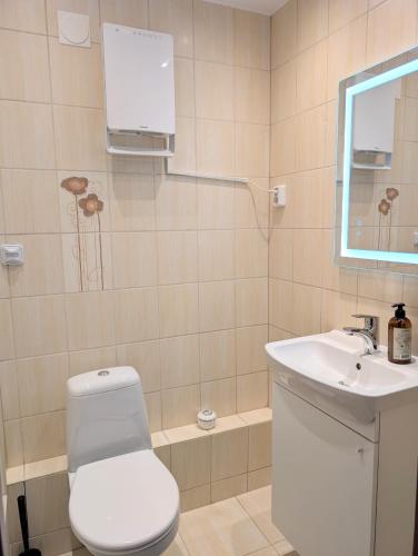 a bathroom with a toilet and a sink at Luxury Villa 130 m2 centrally in Katrineholm