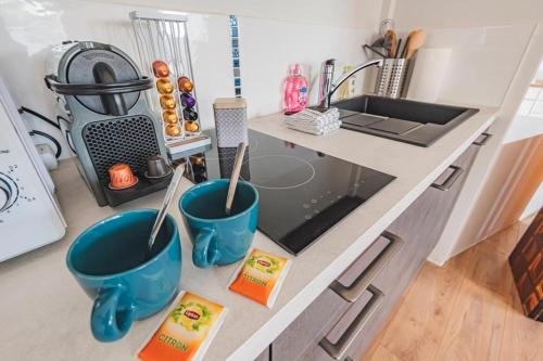 - un comptoir de cuisine avec deux tasses bleues et une cuisinière dans l'établissement Suite Champagne, à Épernay