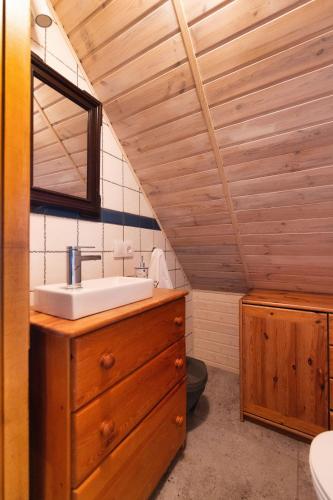 a bathroom with a sink and a wooden ceiling at GAJRAJ in Wünschelburg