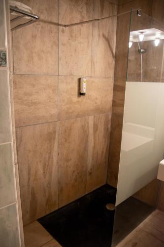 une douche avec une porte vitrée dans une salle de bain dans l'établissement Logis Le Saint Nicolas, à Bar-sur-Aube