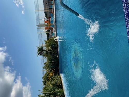 - une vue sur la piscine bordée de palmiers dans l'établissement Mobil Home 5 personnes - Camping *** Les Ollivaud-, à La Baule