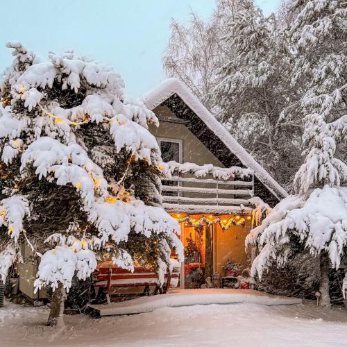 a house covered in snow with christmas lights at Rajska Cisza - całoroczny prywatny domek w lesie nad jeziorem - sauna i balia in Krąg