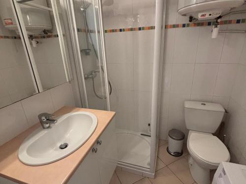 une salle de bain avec un lavabo, une douche et des toilettes dans l'établissement Appartement cosy avec balcon à Balaruc-les-Bains, animaux admis - FR-1-503-82, à Balaruc-les-Bains