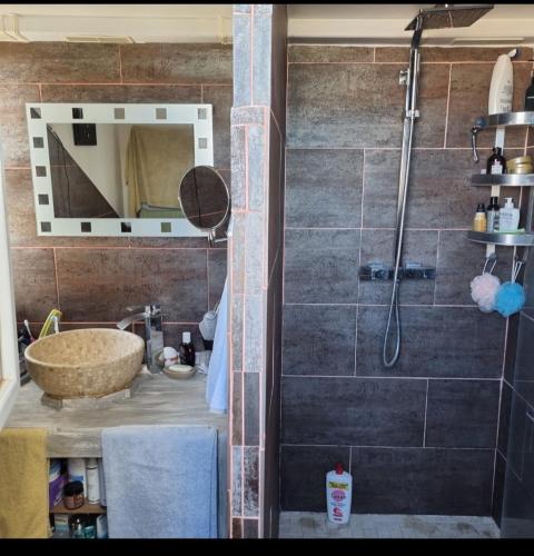 une salle de bain avec un lavabo et une douche dans l'établissement Charmant duplex, à Leucate-Plage