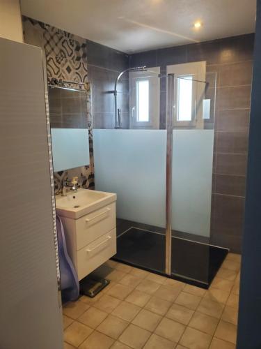a bathroom with a shower and a sink at A l'horizon du Mont in Pontorson