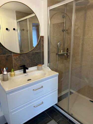 une salle de bain avec un lavabo blanc et une douche dans l'établissement Appartement deux chambres centre ville, à Charleville-Mézières