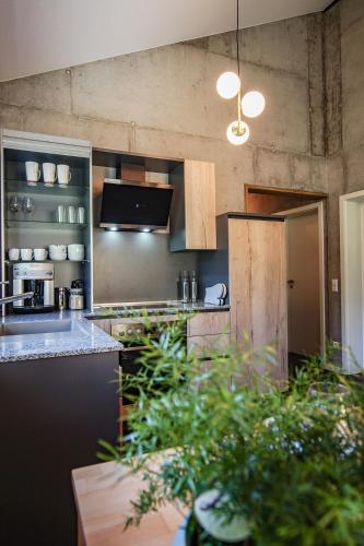 a kitchen with a sink and a counter top at Ferienhaus AlbSommer - FehlaTal in Burladingen