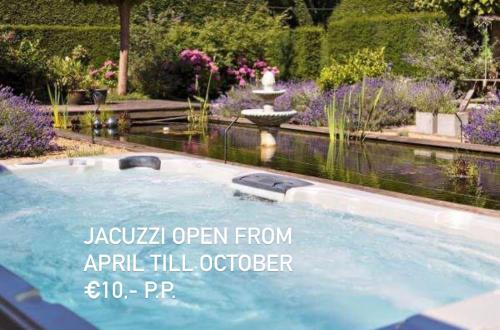a swimming pool in a garden with a fountain at Spot Elst vakantiehuis in Elst