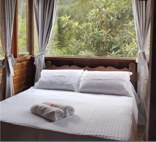 a bed with a towel on it in front of a window at Chalé Vale do Amor in Araras Petropolis