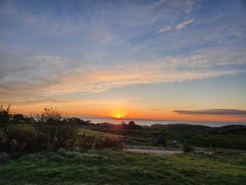 a sunset over a field with the sun in the distance at Rødegaard Mols in Knebel